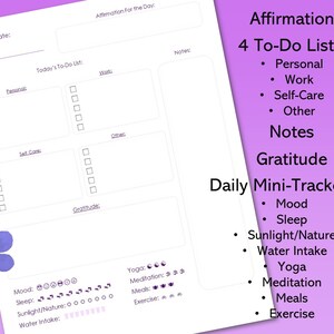 Peut inclure: Un planificateur quotidien imprimable avec un fond violet. Le planificateur comprend des sections pour les affirmations, les listes de t&acirc;ches, la gratitude et les mini-suivis quotidiens. Le planificateur comprend &eacute;galement une section pour les notes.