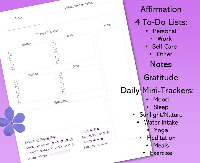 Peut inclure: Un planificateur quotidien imprimable avec un fond violet. Le planificateur comprend des sections pour les affirmations, les listes de t&acirc;ches, la gratitude et les mini-suivis quotidiens. Le planificateur comprend &eacute;galement une section pour les notes.