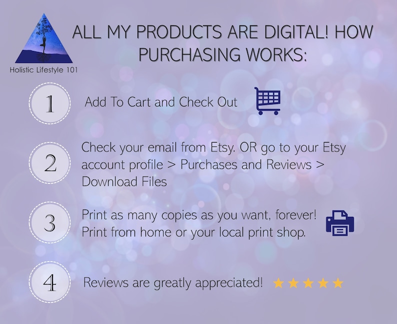 May include: A purple and white graphic with the text "ALL MY PRODUCTS ARE DIGITAL! HOW PURCHASING WORKS:" and a list of four steps for purchasing digital products. The steps are numbered 1 through 4 and include icons for a shopping cart, email, printer, and stars.