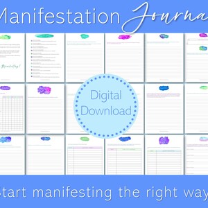 May include: A digital download of a manifestation journal with watercolor designs. The journal includes pages for gratitude, affirmations, and goal setting. The text on the cover reads "Manifestation Journal" and "Digital Download".
