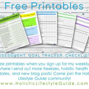 Op de afbeelding: Gratis printbare checklists, doeltrackers en beoordelingen voor holistische gezondheid. Meld je aan voor de wekelijkse e-maillijst om meer gratis aanbiedingen, tips en blogberichten te ontvangen. Bezoek Holistic Lifestyle Guide.