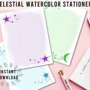 Printable Stationery Set, Celestial Watercolor, Moon and Stars, Stationery Paper, 8.5 x 11, Writing Paper, Lined and Unlined