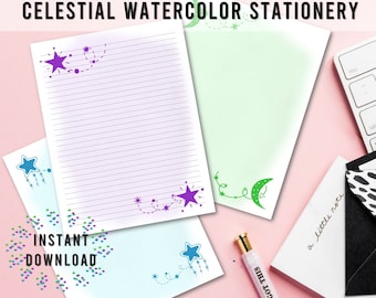 Conjunto de papelería imprimible, acuarela celestial, luna y estrellas, papel de papelería, 8,5 x 11, papel de escritura, forrado y sin forro
