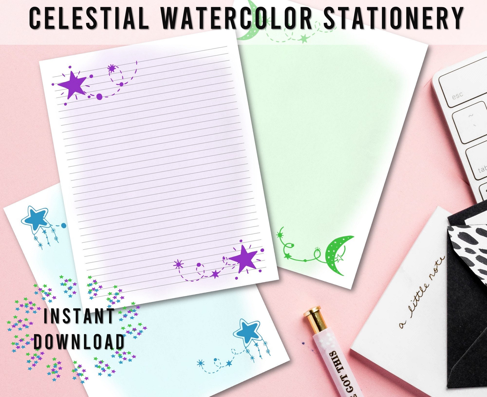 Printable Stationery Set Celestial Watercolor Moon and Etsy