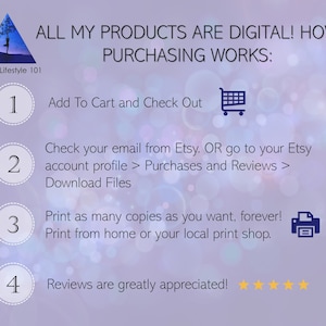 May include: A purple and white graphic with the text "ALL MY PRODUCTS ARE DIGITAL! HOW PURCHASING WORKS:" and a list of four steps for purchasing digital products. The steps are numbered 1 through 4 and include icons for a shopping cart, email, printer, and stars.