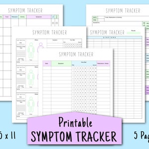 May include: Printable symptom tracker with five pages. The pages are designed with a grid layout and include sections for date, time, food, medication, activity, symptoms, and severity. The pages are in black and white with light green and pink accents.