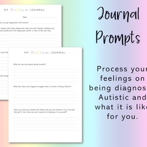 May include: A printable journal with prompts for processing feelings about being diagnosed with autism. The journal cover is white with the text "My Autism Journal" in rainbow colors. The text "Journal Prompts" is in black on a pink, blue, and purple gradient background. The text "Process your feelings on being diagnosed Autistic and what it is like for you." is in black on a white background.