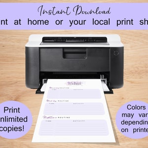 May include: A printable daily routine planner with sections for morning, midday, and nighttime. The planner has a purple and white design with the text "Daily Routine Planner" at the top.