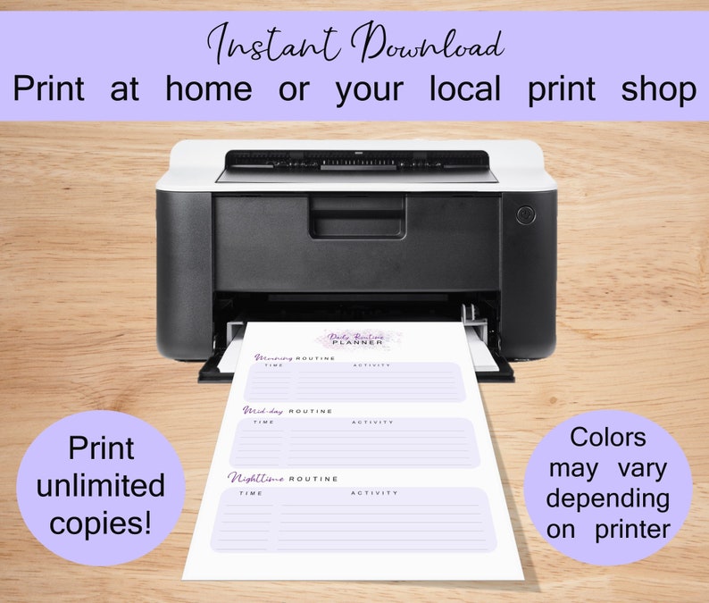 May include: A printable daily routine planner with sections for morning, midday, and nighttime. The planner has a purple and white design with the text "Daily Routine Planner" at the top.