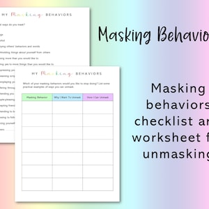 May include: A printable worksheet titled "My Masking Behaviors" with a checklist of common masking behaviors and a table to help identify and unmask them. The worksheet is designed to help people understand and address their own masking behaviors.