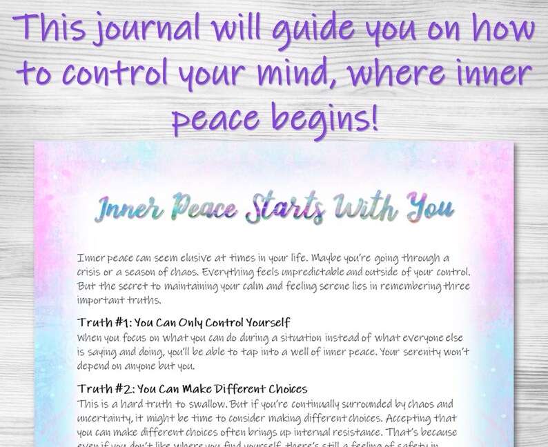 May include: A journal with a pastel pink, blue, and purple background. The text on the cover reads "This journal will guide you on how to control your mind, where inner peace begins!" and "Inner Peace Starts With You". The journal is about finding inner peace and includes tips on how to control your thoughts and emotions.