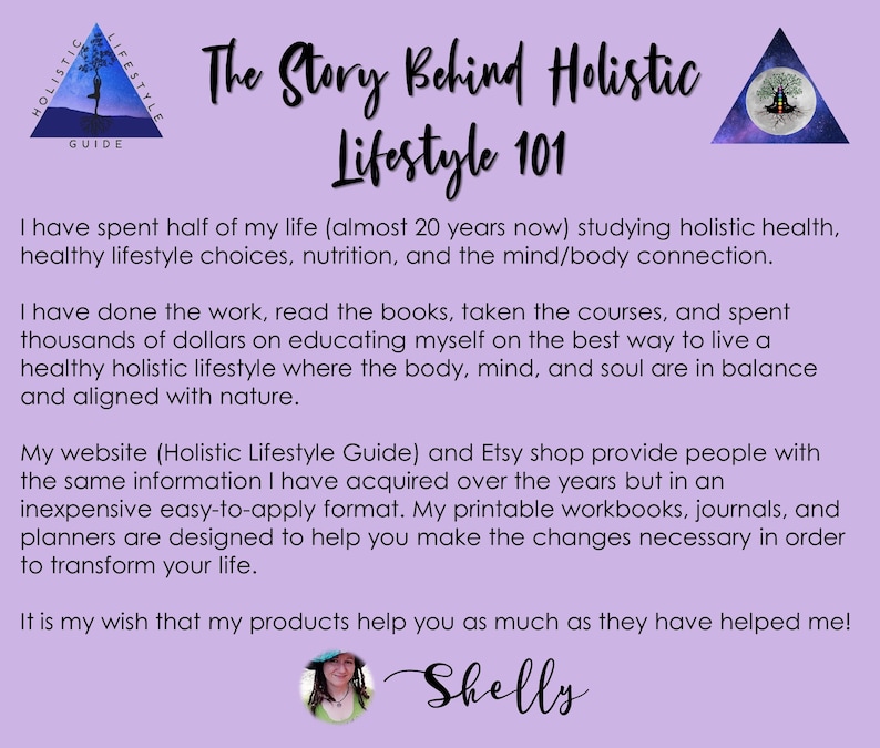 May include: A purple background with text that reads "The Story Behind Holistic Lifestyle 101". The text explains that the author has spent 20 years studying holistic health, healthy lifestyle choices, nutrition, and the mind/body connection. The text also mentions that the author has created a website and Etsy shop to share the information they have learned. The text ends with the author's name, "Shelly".