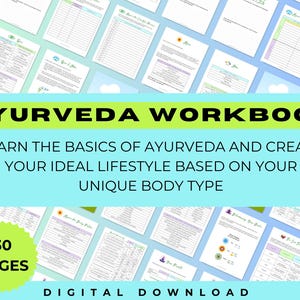 Puede incluir: Un libro de trabajo digital azul y verde titulado "Ayurveda Workbook" con el texto "Aprende los conceptos básicos de Ayurveda y crea tu estilo de vida ideal en función de tu tipo de cuerpo único" y "30 Páginas" en texto blanco. El libro de trabajo es una descarga digital.