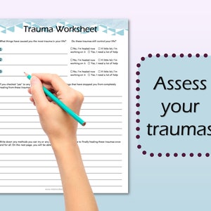 May include: A printable trauma worksheet with a blue and white background. The worksheet asks questions about what has caused trauma in your life and if those traumas still control your life. The worksheet also asks you to write down any methods you can try to heal from trauma.