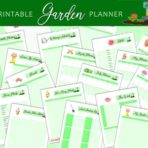 May include: Printable garden planner with green and white pages. The pages include sections for vegetable planting, season by season to-do lists, house plants, harvest, watering schedule, labels, August planner, July planner, May planner, June planner, how many plants, seed starting log, this week, and my garden notes.