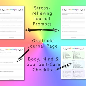 May include: A printable set of self-care journal prompts and checklists. The set includes prompts for stress relief, gratitude journaling, and body, mind, and soul self-care. The pages are decorated with colourful stars and flowers.
