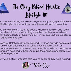 May include: A purple background with text that reads "The Story Behind Holistic Lifestyle 101". The text explains that the author has spent 20 years studying holistic health, healthy lifestyle choices, nutrition, and the mind/body connection. The text also mentions that the author has created a website and Etsy shop to share the information they have learned. The text ends with the author's name, "Shelly".