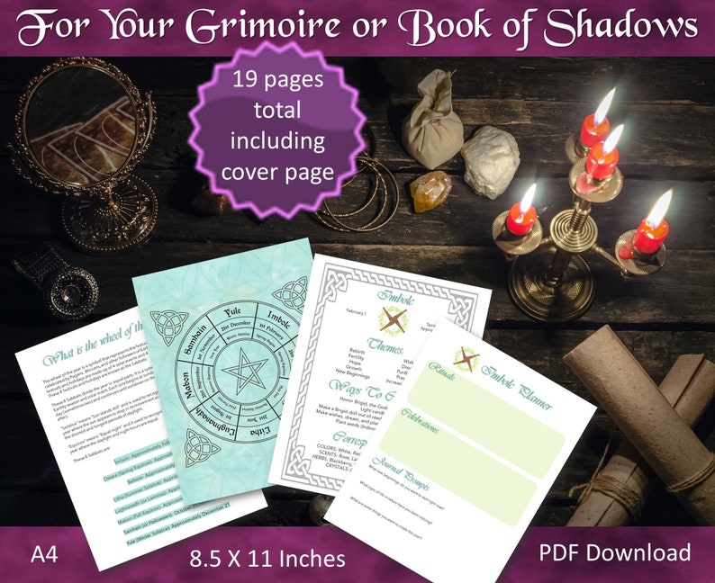 K&ouml;nnte beinhalten: Ein druckbares Grimoire oder Buch der Schatten mit 19 Seiten, einschlie&szlig;lich einer Titelseite. Die Seiten sind 8,5 x 11 Zoll gro&szlig; und als PDF-Download verf&uuml;gbar. Das Bild zeigt eine Vielzahl von magischen Gegenst&auml;nden, darunter Kerzen, Kristalle und einen Spiegel.