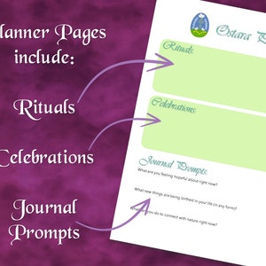 K&ouml;nnte beinhalten: Ein gr&uuml;ner und wei&szlig;er Planer mit dem Titel "Ostara Planner" und einem floralen Design. Der Planer enth&auml;lt Abschnitte f&uuml;r Rituale, Feiern und Journal-Aufforderungen. Die Journal-Aufforderungen beinhalten Fragen zum Gef&uuml;hl der Hoffnung, zu neuen Anf&auml;ngen und zur Verbindung mit der Natur.