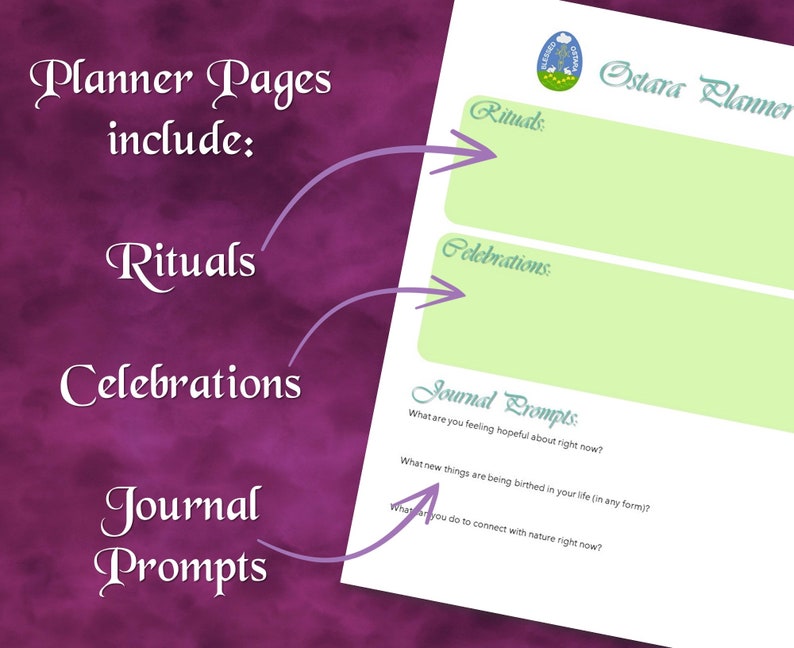 K&ouml;nnte beinhalten: Ein gr&uuml;ner und wei&szlig;er Planer mit dem Titel "Ostara Planner" und einem floralen Design. Der Planer enth&auml;lt Abschnitte f&uuml;r Rituale, Feiern und Journal-Aufforderungen. Die Journal-Aufforderungen beinhalten Fragen zum Gef&uuml;hl der Hoffnung, zu neuen Anf&auml;ngen und zur Verbindung mit der Natur.
