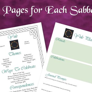 K&ouml;nnte beinhalten: Ein druckbarer Yule-Planer mit gr&uuml;nem Hintergrund und einer Kranzillustration. Der Planer enth&auml;lt Abschnitte f&uuml;r Rituale, Feiern und Tagebuch-Aufforderungen. Der Text "Yule Planner" ist in einer dekorativen Schrift geschrieben.