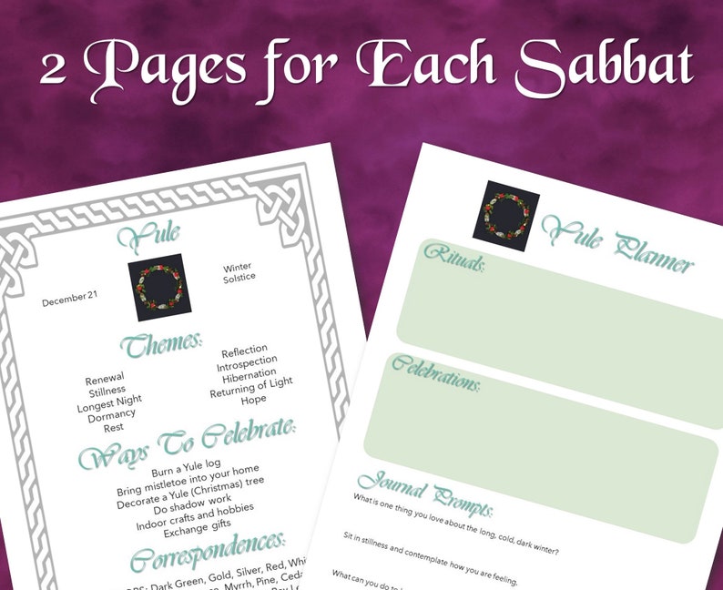 K&ouml;nnte beinhalten: Ein druckbarer Yule-Planer mit gr&uuml;nem Hintergrund und einer Kranzillustration. Der Planer enth&auml;lt Abschnitte f&uuml;r Rituale, Feiern und Tagebuch-Aufforderungen. Der Text "Yule Planner" ist in einer dekorativen Schrift geschrieben.