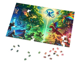 May include: A colorful jigsaw puzzle with a fantasy theme. The puzzle depicts a scene with dragons, knights, and magical creatures. The puzzle is partially assembled, with some pieces missing.