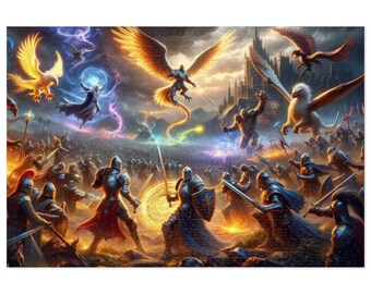 Op de afbeelding: Een fantasievolle veldslag met ridders, tovenaars en mythische wezens. Een gouden adelaar, een griffioen en een witte griffioen zweven door de lucht. De ridders zijn gekleed in harnas en zwaaien met zwaarden. De tovenaars werpen spreuken. De mythische wezens vallen de ridders aan. De scène speelt zich af tegen de achtergrond van een middeleeuws kasteel.