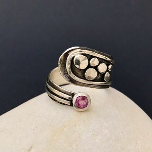 Unique Ruby Sterling Silver Ring - Artisan Organic Metalwork Statement Piece - Adjustable wrap ring - Exquisite design - Textured tactile
