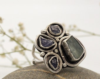 Rustic silver ring with stone, raw Aquamarine silver ring, Tanzanite silver ring, raw multistones ring , made in Italy, US  7 1/2.