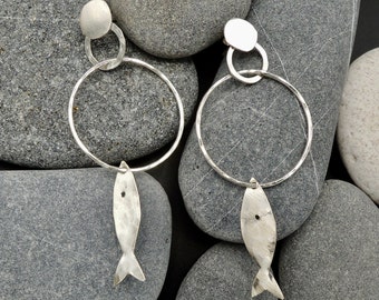 Sterling fish earrings, hammered double circle earrings, long hoop earrings with fish, sea lover jewelry, artisan rustic silver earrings