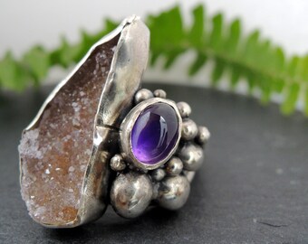 Rough sterling silver ring with Amethyst & Druzy, organic and abstract jewelry, dual gemstone talisman ring, tribal and unusual ring for her