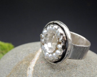 Pearl silver ring , multi Pearl ring, Pearl circle silver ring, organic silver ring, statement Pearl ring, handmade in Italy, US size 6 1/2.