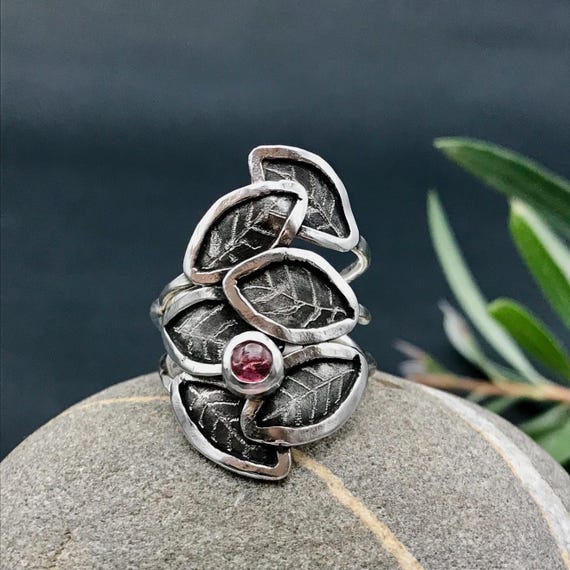 Botanical Leaf Ring with Pink Tourmaline, Dark Bohemian Oxidized Nature-Inspired Jewelry, Organic design, Artisan and unusual ring
