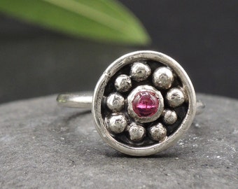 Pink Tourmaline ring silver, boho flower ring stone, lover nature jewelry, blossom ring organic silver, botanical Dainty ring for her