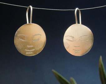 Rustic handmade silver earrings, moon face silver earrings, engraved silver earrings, face silver earrings, artisan unique boho earrings