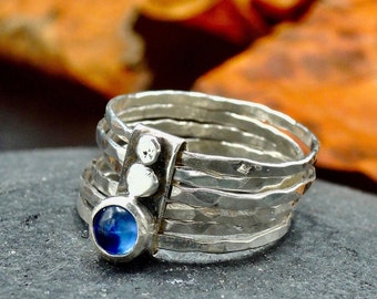 Stacking ring set with Kyanite, hammered ring, textured silver, blue gem ring, multiple band, artisan modern boho jewelry for unique  women
