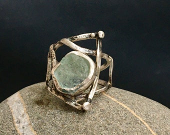 Raw Aquamarine ring in sterling silver, abstract textured silver ring, rough jewelry oxidized, bold pattern, uneven irregular artisan ring