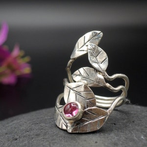 Nature inspired silver ring, silver leaf ring ,natural ring with tourmaline, botanical jewelry, unusual artisan ring for nature lover