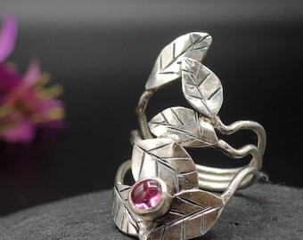 Nature inspired silver ring, silver leaf ring ,natural ring with tourmaline, botanical jewelry, unusual artisan ring for nature lover