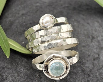 Aquamarine ring boho, stackable ring with Pearl, double stone ring, sterling silver hammered jewelry, rustic texture stacking gem ring set