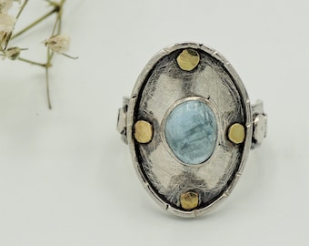 Silver and gold ring with Aquamarine, art ring with Aquamarine,rustic silver ring with stone, adjustable ring, handmade in Italy.