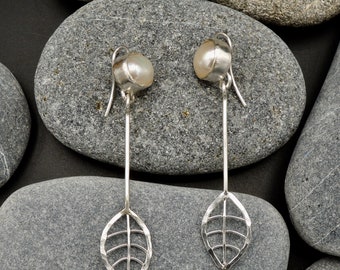 Silver leaf earrings with Pearl, long drop dangles nature inspired, bridal Pearl jewelry, boho botanical earrings, artisan wedding earrings