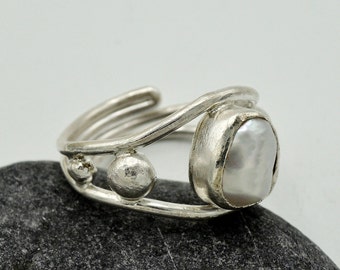 Genuine Pearl ring in sterling silver, open Pearl ring, freshwater Pearl ring adjustable, Roman ring, rustic jewelry, simple everyday wear