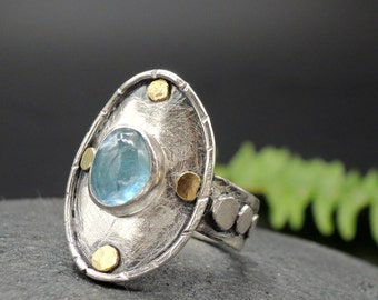 Aquamarine ring silver and Gold, organic rustic ring, adjustable gemstone ring, oxidized ring for woman, March birthstone ring contemporary