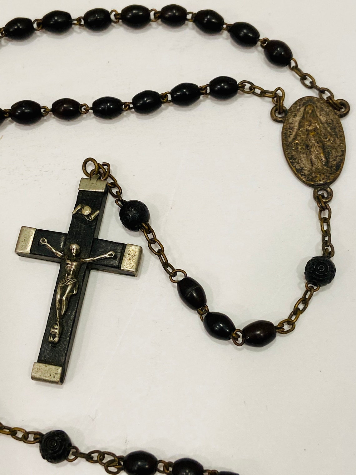 Vintage Ebony Rosary France Black Wood Bead & Silverplate Etsy