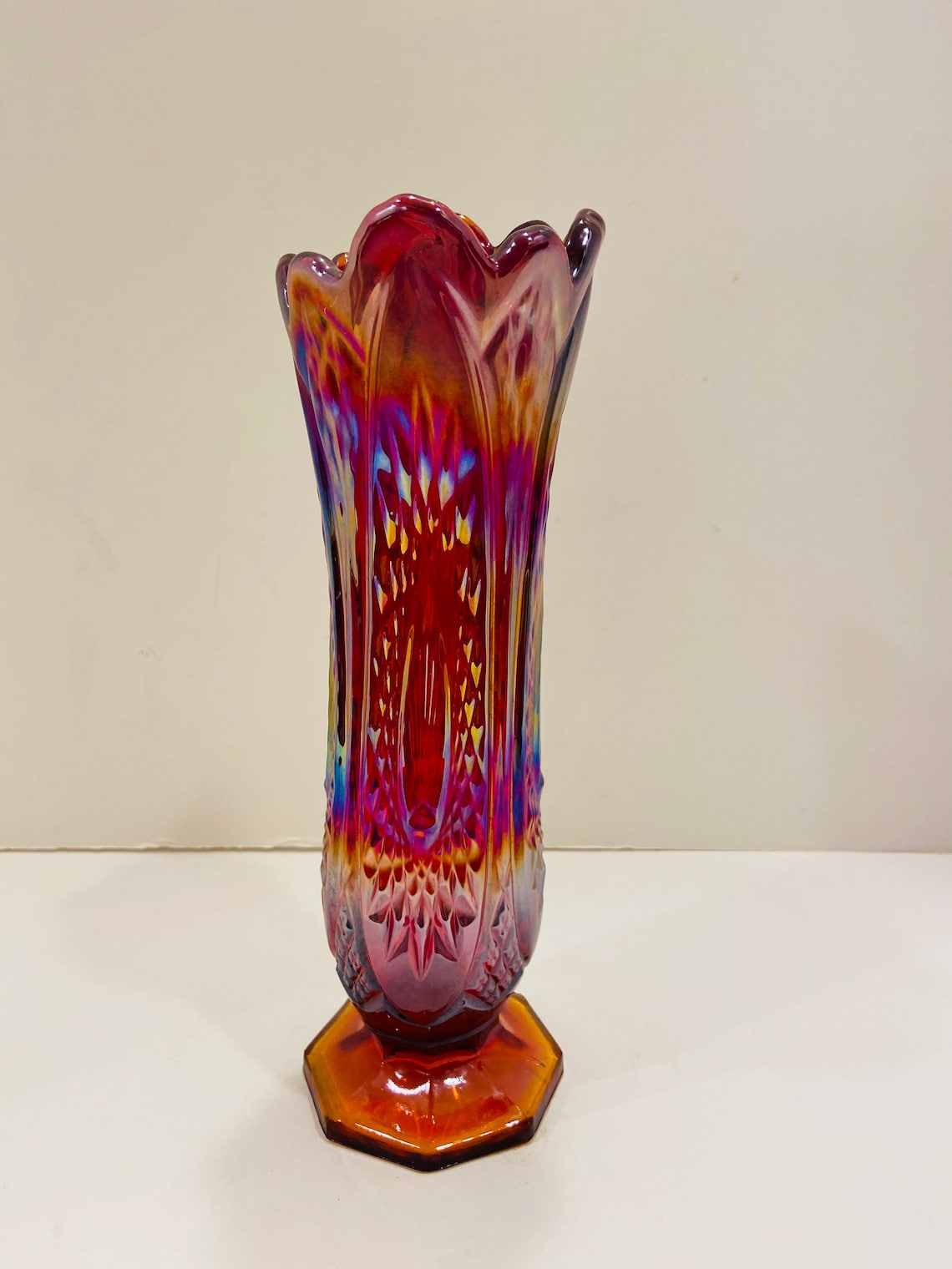 Vintage Carnival Glass Vase Red Iridescent Indiana Stretch Etsy