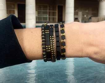 GOLD DIGGER™ - Set of 5 Tila Bead Bracelets | Waterproof Miyuki Bracelet Stack | Stack Bracelet | Gift for Women | Black & Gold Jewelry