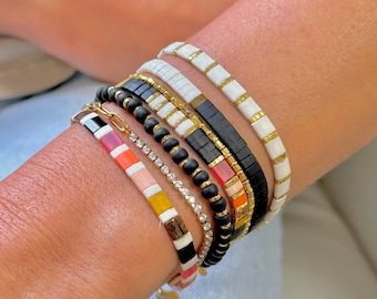 SUNDANCE™ Set of 6 | Stackable Waterproof Beaded Bracelets for Women | Tila and Paperclip Chain Bracelet Set | Perfect for Layering