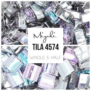 May include: A close-up image of Miyuki TILA 4574 beads in a mix of silver and iridescent colors. The beads are both whole and half beads, and they are arranged in a random pattern.